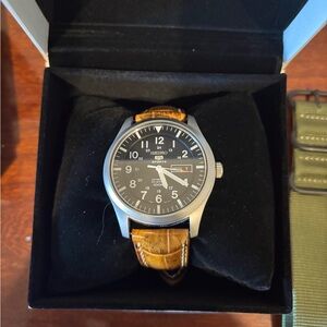 Seiko Watch with Black Dial and Brown Leather Strap